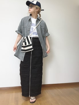 「florist（フローリスト）の【Instagramでバズってる】【2Way】パールチェーンのストライプ柄 or チェック柄ミニショルダーバッグ/ハンドバッグ（ショルダーバッグ）」を使った、Ⓜ︎さん（レディース・152cm）の夏コーディネート