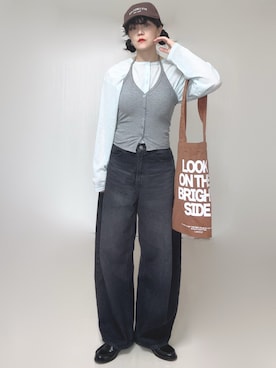 「Lace Ladies（レースレディース）のソリッドカラー ホルター Vネック カップ付き トップス（キャミソール、グレー系）」を使った、Ⓜ︎さん（レディース・152cm）の春コーディネート