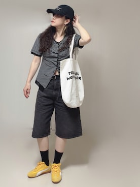 「tiptop（ティップトップ）の配色前ギャザーT（Tシャツ/カットソー、グレー系）」を使った、Ⓜ︎さん（レディース・152cm）の夏コーディネート