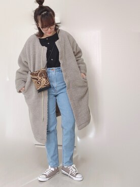 「Chillfar（チルファー）のアイテム（ノーカラーコート）」を使った、Ⓜ︎さん（レディース・152cm）の冬コーディネート