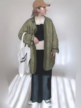 「リブニット」｜「アイテム（ミリタリージャケット）」を使った、Ⓜ︎さん（レディース・152cm）の冬コーディネート