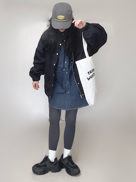 「tiptop（ティップトップ）の【ZOZO限定アイテム】デニム×チェックBIGシャツジャケット（シャツ/ブラウス、ブルー系）」を使った、Ⓜ︎さん（レディース・152cm）の春コーディネート