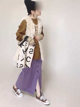 「ナロースカート」｜「アイテム（ニットキャップ/ビーニー）」を使った、Ⓜ︎さん（レディース・152cm）の秋コーディネート