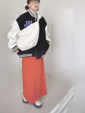 「リブニット」｜「アイテム（スタジャン）」を使った、Ⓜ︎さん（レディース・152cm）の冬コーディネート
