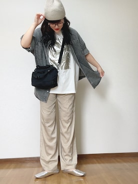 「tiptop（ティップトップ）の箔プリント半袖BIGTシャツ（Tシャツ/カットソー）」を使った、Ⓜ︎さん（レディース・152cm）の夏コーディネート