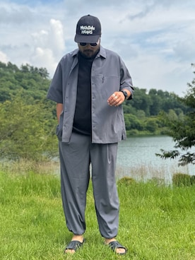 「EKAL（エカル）のmountain research　Mountain Heads Cap（キャップ、ブラック系）」を使った、Yudaiさん（メンズ・182cm）の夏コーディネート