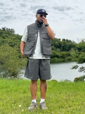 「EKAL（エカル）のTACOMA FUJI RECORDS　LOGO CAP 26（キャップ、ブルー系）」を使った、Yudaiさん（メンズ・182cm）の夏コーディネート