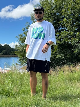 「EKAL（エカル）のmountain research　No Fun（Tシャツ/カットソー、ホワイト系）」を使った、Yudaiさん（メンズ・182cm）の夏コーディネート