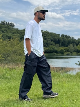 「EKAL（エカル）の『別注』White Mountaineering×EKAL　LOGO EMBROIDERY T-SHIRTS（Tシャツ/カットソー、ホワイト系）」を使った、Yudaiさん（メンズ・182cm）の夏コーディネート