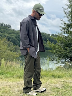 「EKAL（エカル）のmountain research　Mountain Heads Cap（キャップ、グリーン系）」を使った、Yudaiさん（メンズ・182cm）の秋コーディネート