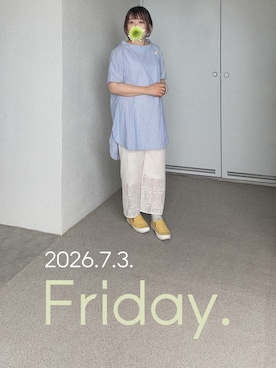 「SELF+SERVICEのアイテム（Tシャツ/カットソー、ブルー系）」を使った、ゆめかさん（レディース・153cm）の夏コーディネート