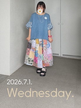 「rps（アールピーエス）のアイテム（Tシャツ/カットソー、ブルー系）」を使った、ゆめかさん（レディース・153cm）の夏コーディネート