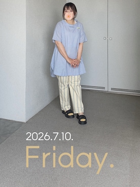 「SELF+SERVICEのアイテム（Tシャツ/カットソー、ブルー系）」を使った、ゆめかさん（レディース・153cm）の夏コーディネート