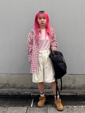 「RAGEBLUE（レイジブルー）のツイルタックハーフパンツ（スラックス、ホワイト系）」を使った、るったんさん（レディース・150cm）の春コーディネート