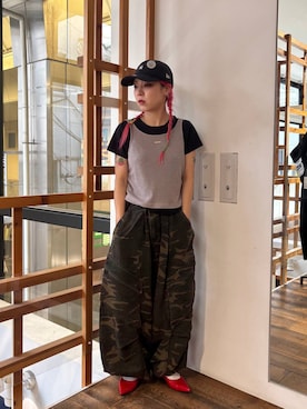 「RAGEBLUE（レイジブルー）のポインテッドトゥシューズ（パンプス、レッド系）」を使った、るったんさん（レディース・150cm）の夏コーディネート