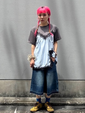 「RAGEBLUE（レイジブルー）の加工ワイドハーフパンツ（デニムパンツ、ブルー系）」を使った、るったんさん（レディース・150cm）の夏コーディネート