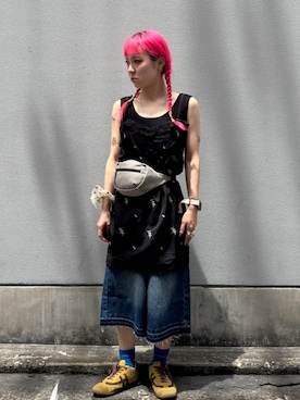 「RAGEBLUE（レイジブルー）の加工ワイドハーフパンツ（デニムパンツ、ブルー系）」を使った、るったんさん（レディース・150cm）の夏コーディネート