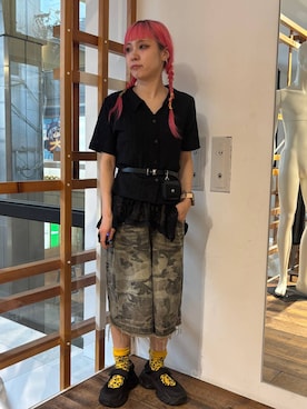 「RAGEBLUE（レイジブルー）の加工ワイドハーフパンツ（デニムパンツ、グリーン系）」を使った、るったんさん（レディース・150cm）の夏コーディネート