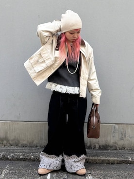 「RAGEBLUE（レイジブルー）のカラービーニー（ニットキャップ/ビーニー、ベージュ系）」を使った、るったんさん（レディース・150cm）の春コーディネート