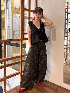 「RAGEBLUE（レイジブルー）のカラーデザインCAP（キャップ、ブラウン系）」を使った、るったんさん（レディース・150cm）の夏コーディネート