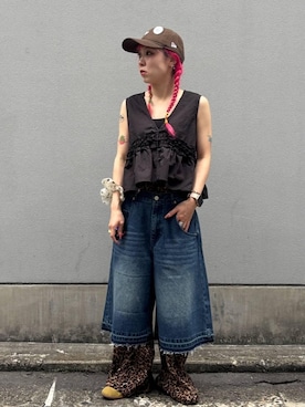 「RAGEBLUE（レイジブルー）の加工ワイドハーフパンツ（デニムパンツ、ブルー系）」を使った、るったんさん（レディース・150cm）の夏コーディネート