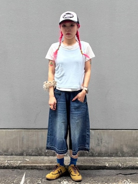「RAGEBLUE（レイジブルー）の加工ワイドハーフパンツ（デニムパンツ、ブルー系）」を使った、るったんさん（レディース・150cm）の夏コーディネート