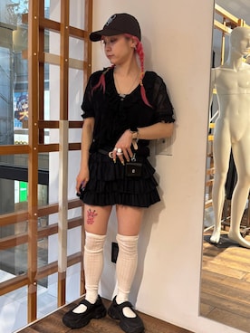 「RAGEBLUE（レイジブルー）のカラーデザインCAP（キャップ、ブラウン系）」を使った、るったんさん（レディース・150cm）の夏コーディネート