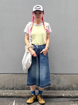 「RAGEBLUE（レイジブルー）の加工ワイドハーフパンツ（デニムパンツ、ブルー系）」を使った、るったんさん（レディース・150cm）の夏コーディネート