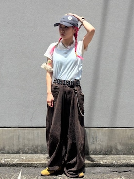 「RAGEBLUE（レイジブルー）のVintage ３D Curve Barrel Denim Pants/ヴィンテージ加工/3Dカーブバレルデニムパンツ（デニムパンツ、ブラウン系）」を使った、るったんさん（レディース・150cm）の夏コーディネート