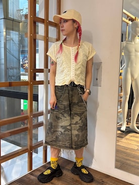 「RAGEBLUE（レイジブルー）のカラーデザインCAP（キャップ、ホワイト系）」を使った、るったんさん（レディース・150cm）の夏コーディネート