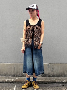 「RAGEBLUE（レイジブルー）の加工ワイドハーフパンツ（デニムパンツ、ブルー系）」を使った、るったんさん（レディース・150cm）の夏コーディネート