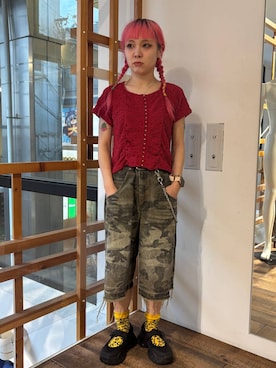 「RAGEBLUE（レイジブルー）の加工ワイドハーフパンツ（デニムパンツ、グリーン系）」を使った、るったんさん（レディース・150cm）の夏コーディネート