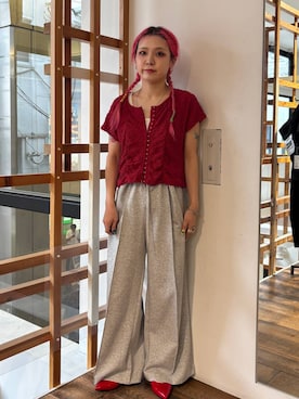 「RAGEBLUE（レイジブルー）のポインテッドトゥシューズ（パンプス、レッド系）」を使った、るったんさん（レディース・150cm）の夏コーディネート
