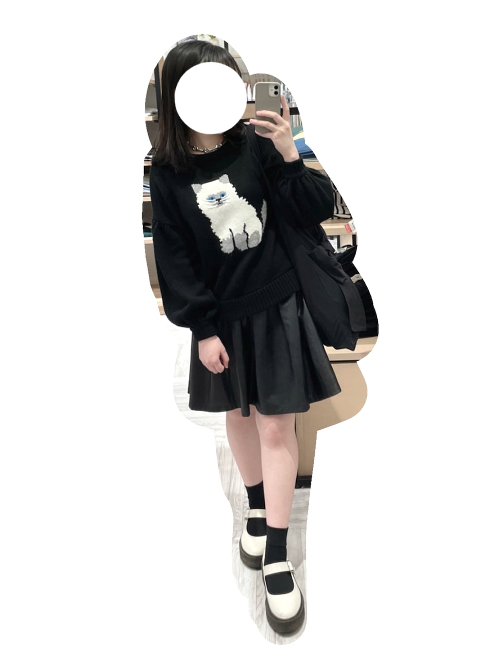 「ブラック、ニット、レザースカート、メリージェーン、春服みてみて、低身長、アニエスベー、キャンディストリッパー」｜「Candy StripperのGLUM KITTEN ニット（ニット/セーター、ブラック系）」を使った、まあいいやさん（レディース・153cm）の春コーディネートの1枚目の写真