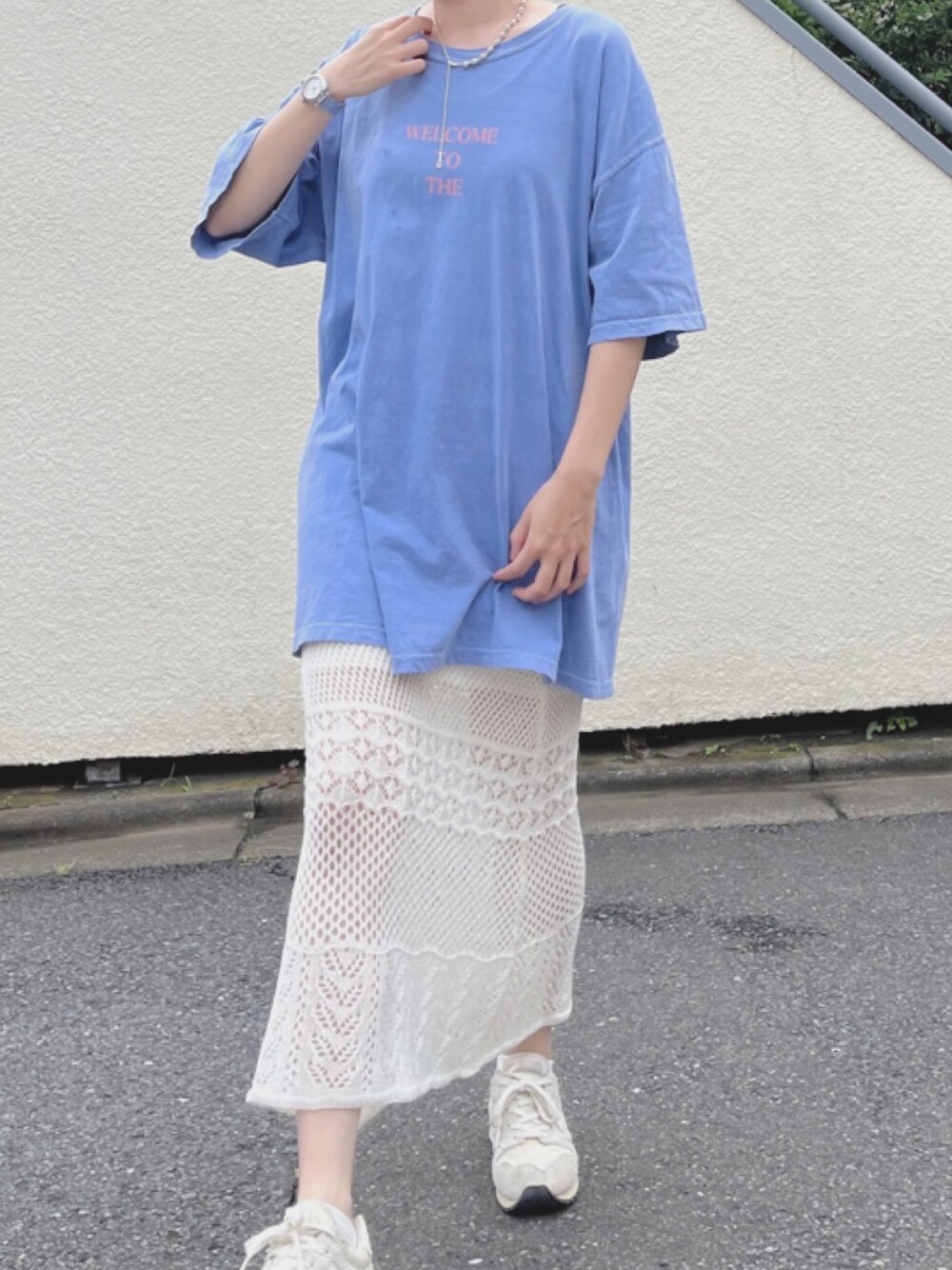 「夏コーデ、夏だ！Tシャツ着よう！、スカートスタイル、マーメードスカート、透かし編みスカート、フリンジスカート」｜「AMERICAN RAG CIEのアイテム（Tシャツ/カットソー、ブルー系）」を使った、my__na...さん（レディース・164cm）の夏コーディネートの1枚目の写真