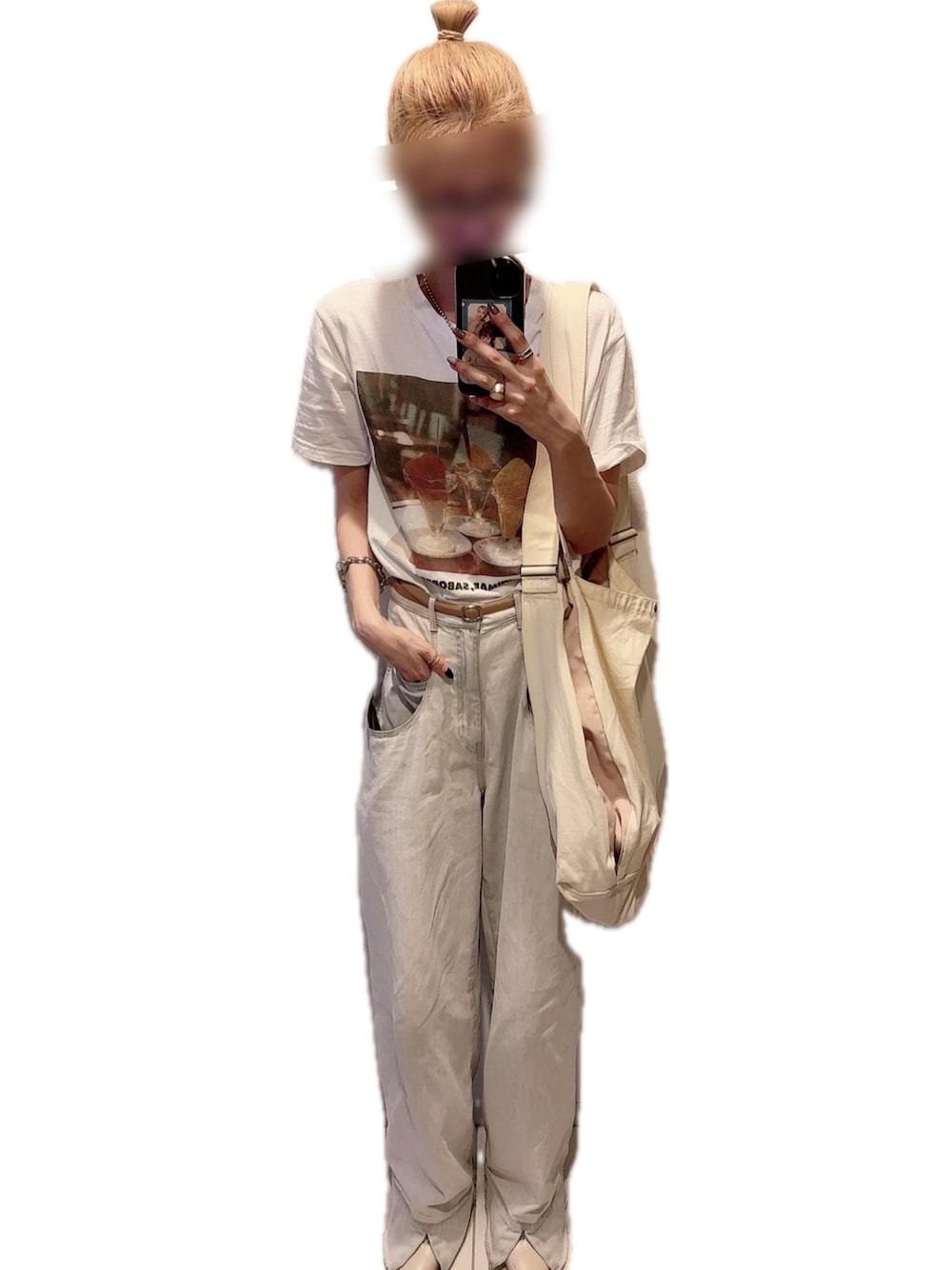 「カジュアル、シンプル、ママコーデ、Tシャツ、デニム、めがね、おしゃれさんと繋がりたい、ootd」｜「TANGTANGの【TANGTANG(タンタン)】GASATANG（Tシャツ/カットソー、ホワイト系）」を使った、mik_.さん（レディース・162cm）の夏コーディネートの1枚目の写真