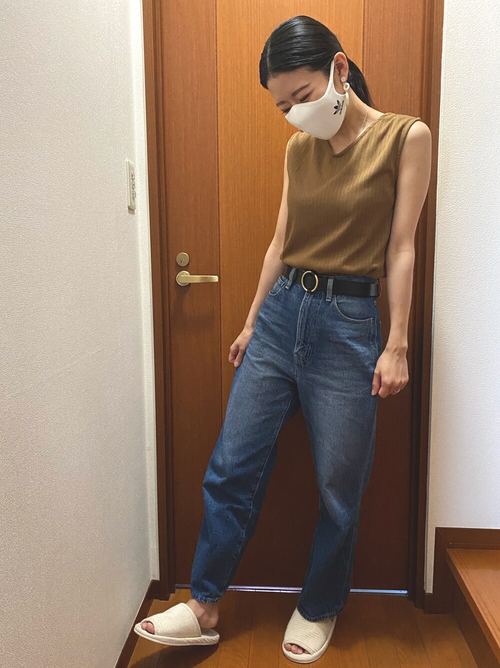 「LEPSIMのBANANAワイドパンツ　804010（デニムパンツ、ブルー系）」を使った、っちさん（レディース・158cm）の夏コーディネートの1枚目の写真