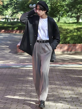 「EMMA CLOTHES（エマクローズ）のアイテム（ノーカラージャケット）」を使った、ろむしさん（メンズ・174cm）の秋コーディネート