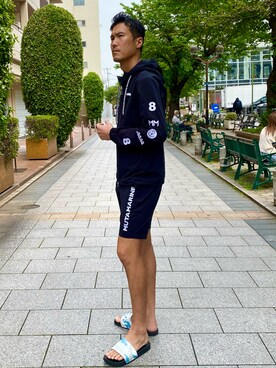 「1piu1uguale3 RELAX（ウノピュウノウグァーレトレリラックス）のアイテム（サンダル）」を使った、_tsubasa_yさん（メンズ・181cm）の春コーディネート