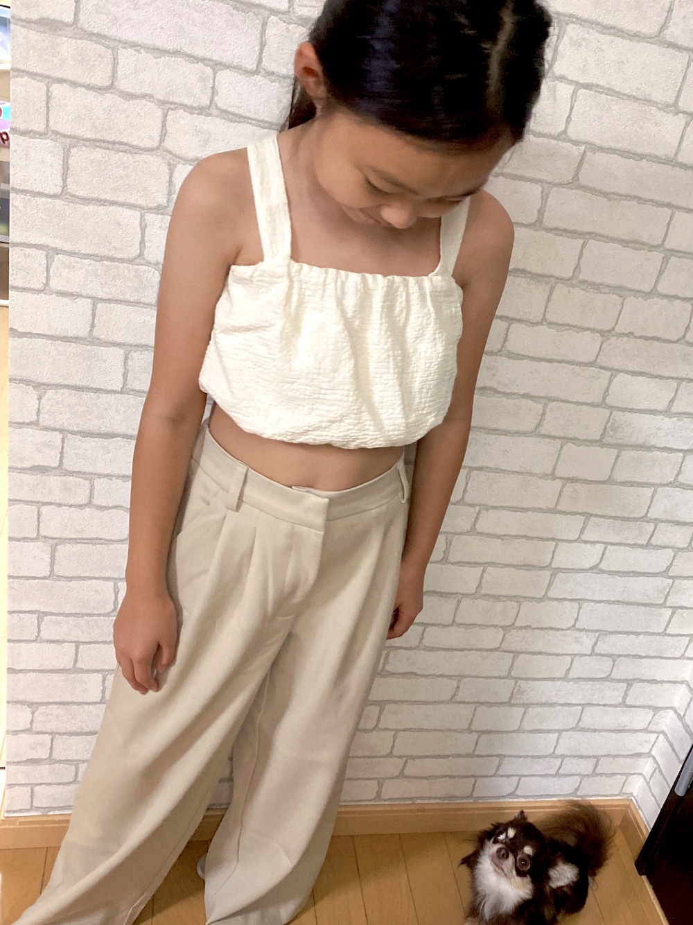 「秋服準備はじめました、カジュアル、シンプル、チワワ」｜「ZARA KIDSのアイテム（チューブトップ、ホワイト系）」を使った、ciel to gaさん（キッズ・120cm）の秋コーディネートの1枚目の写真