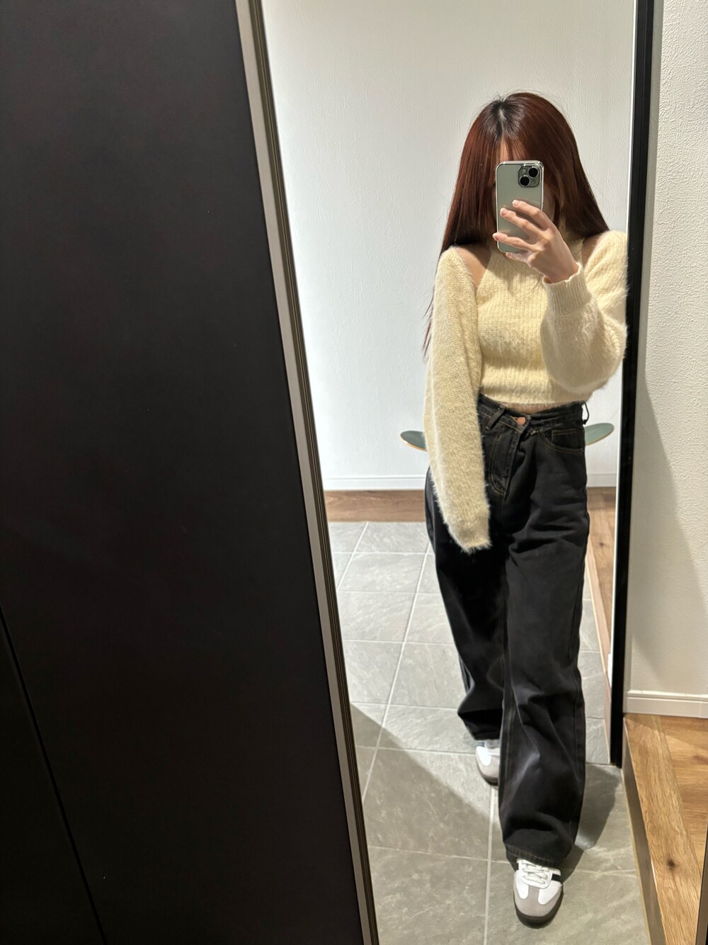「今日のコーデ、おしゃれさんと繋がりたい、春、デニムコーデ、adidas、韓国ファッション、低身長、低身長コーデ、低身長女子」｜「DHOLICのアイテム（ニット/セーター、ベージュ系）」を使った、saachanさん（レディース・150cm）の冬コーディネートの1枚目の写真