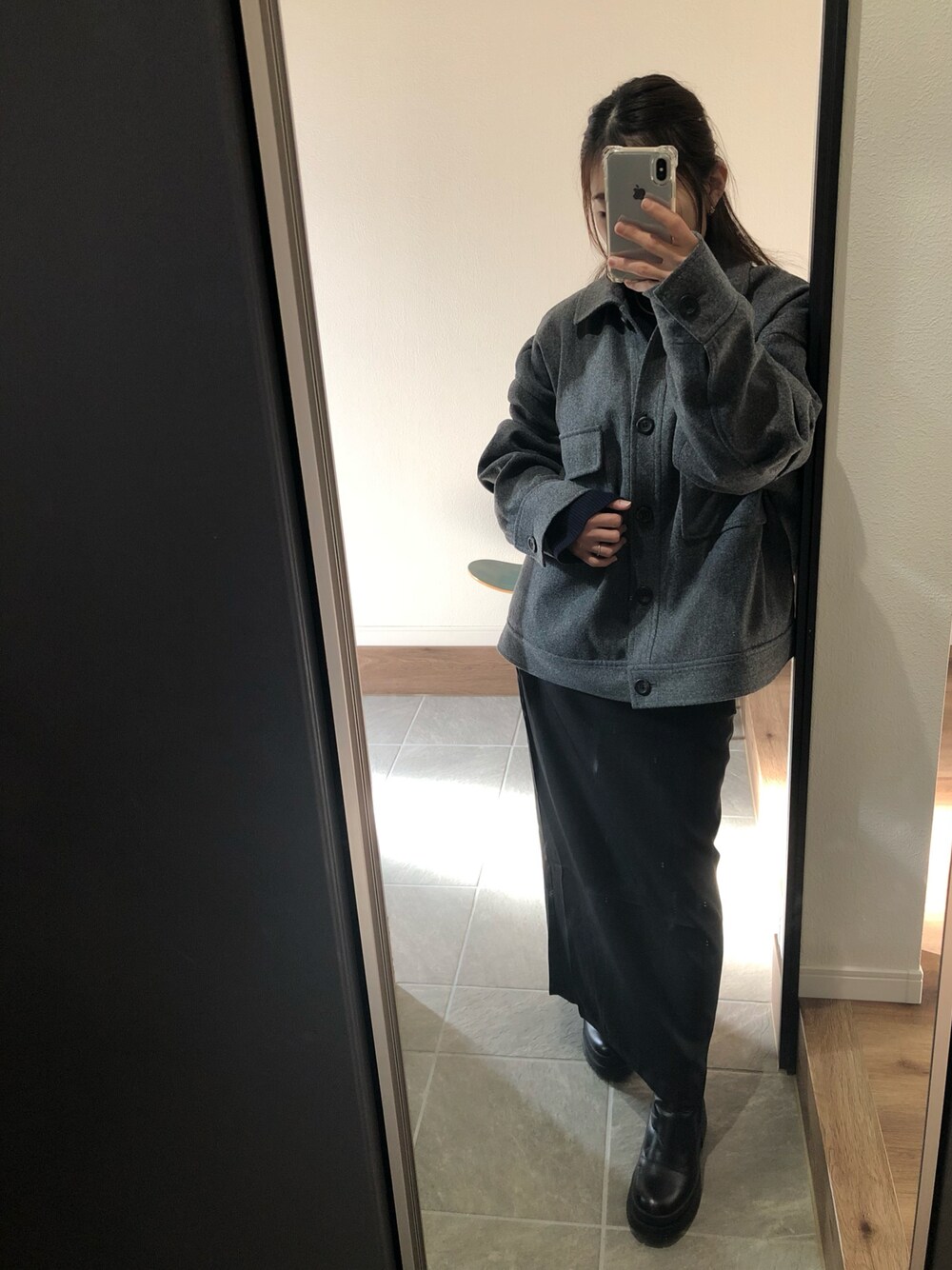 「冬、ファッションを楽しもう、あけましておめでとうございます！、低身長女子、新年一発目」｜「Aunt Marie'sのビッグカバーオールルーズジャケット（ブルゾン、グレー系）」を使った、saachanさん（レディース・150cm）の冬コーディネートの1枚目の写真