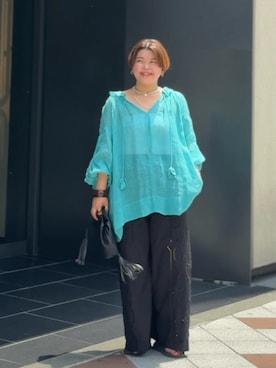 「RIVE DROITE（リヴドロワ）の予約【à Nice】【涼しげなシアー感】リネンギャザーブラウス（シャツ/ブラウス、ブルー系）」を使った、asuka.kさん（レディース・161cm）の夏コーディネート