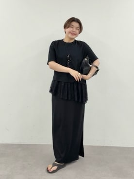 「RIVE DROITE（リヴドロワ）の予約【1枚で旬顔トップス】ヘムレースカットソー（Tシャツ/カットソー、ブラック系）」を使った、asuka.kさん（レディース・161cm）の夏コーディネート