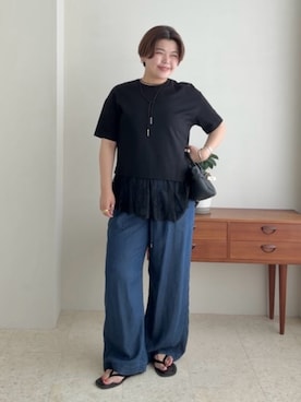 「RIVE DROITE（リヴドロワ）の予約【1枚で旬顔トップス】ヘムレースカットソー（Tシャツ/カットソー、ブラック系）」を使った、asuka.kさん（レディース・161cm）の夏コーディネート