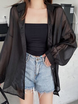 「Girly Doll（ガーリードール）のシャイニーシアーシャツ（シャツ/ブラウス）」を使った、girlydollさん（レディース・163cm）の夏コーディネート