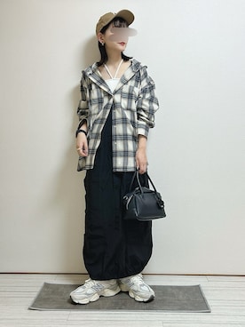 「tiptop（ティップトップ）のチェックBIGフードシャツ（シャツ/ブラウス）」を使った、もも⋆*さん（レディース・155cm）の夏コーディネート