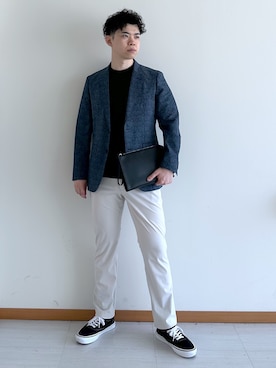 「TAKEO KIKUCHI（タケオキクチ）の【抗菌防臭】COOL DOTS（R）ドビープリント ジャケット（テーラードジャケット、ブルー系）」を使った、イッシーさん（メンズ・172cm）の夏コーディネート