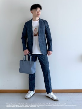「TAKEO KIKUCHI（タケオキクチ）の【抗菌防臭】COOL DOTS（R）ドビープリント ジャケット（テーラードジャケット、ブルー系）」を使った、イッシーさん（メンズ・172cm）の夏コーディネート