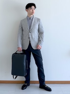 「TAKEO KIKUCHI（タケオキクチ）の【抗菌防臭】COOL DOTS（R）ドビープリント ジャケット（テーラードジャケット、グレー系）」を使った、イッシーさん（メンズ・172cm）の夏コーディネート